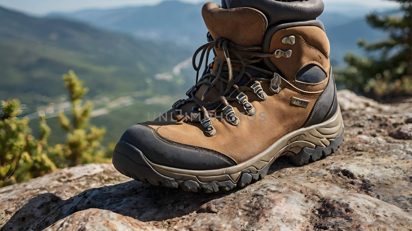 A sturdy hiking boot is positioned on a rocky surface, showcasing its rugged design and grip. In the background, mountains stretch out under clear blue skies, emphasizing an adventurous outdoor atmosphere. This scene captures the spirit of exploration and appreciation for nature.
