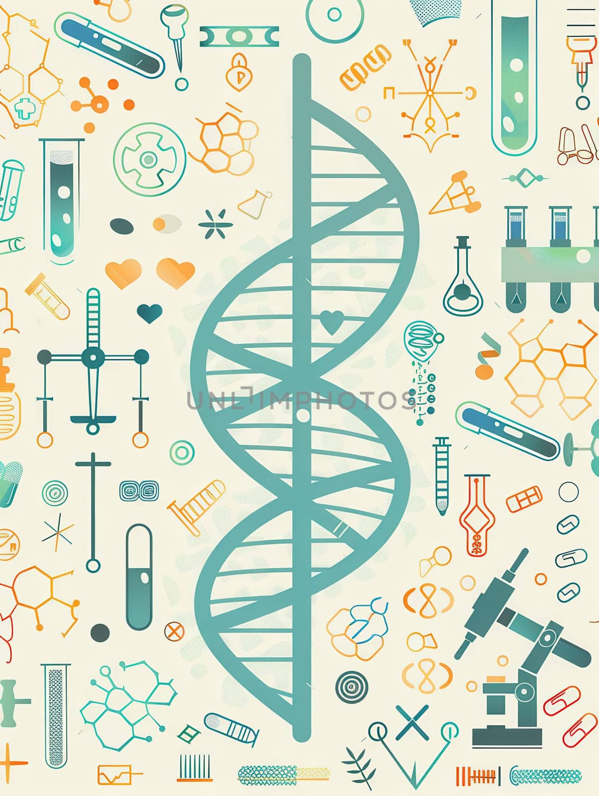 A double helix DNA strand is centrally positioned among diverse medical icons like microscopes and test tubes, illustrating a laboratory theme.