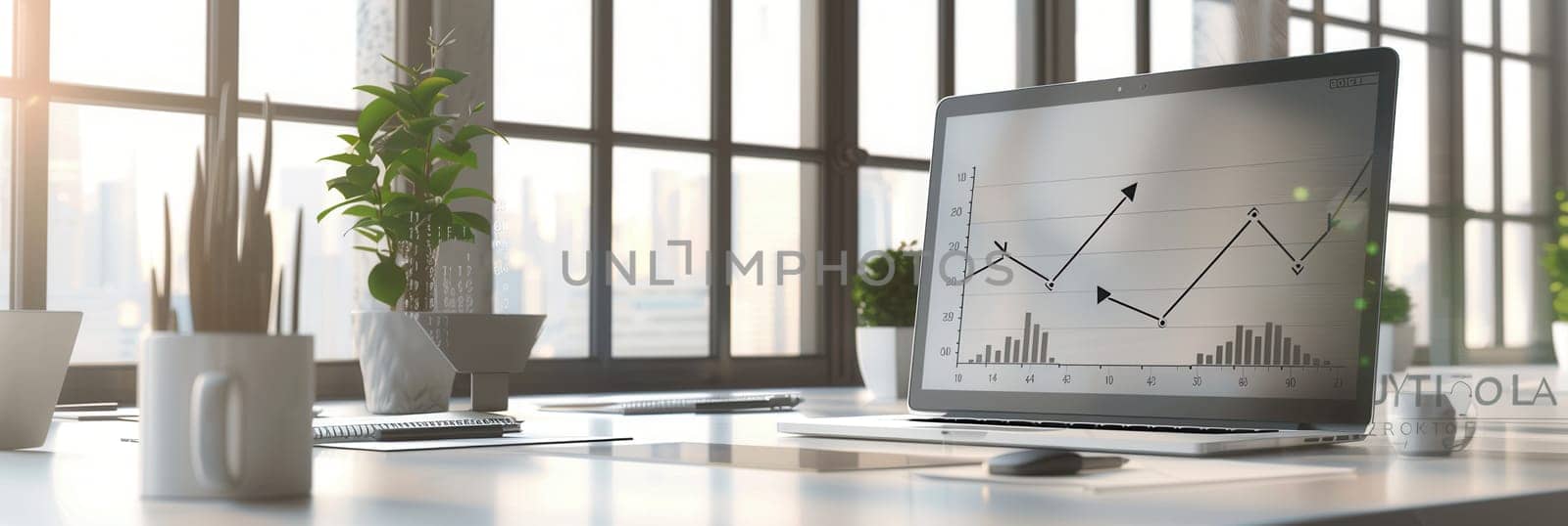 A sleek office showcases a laptop displaying data analysis, surrounded by greenery and natural light streaming through large windows, enhancing productivity.