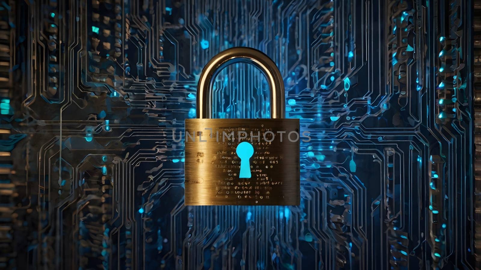 A golden padlock is centrally placed against a backdrop of intricate blue circuits, representing strong cybersecurity measures. The luminous circuits highlight the importance of security in the digital landscape.
