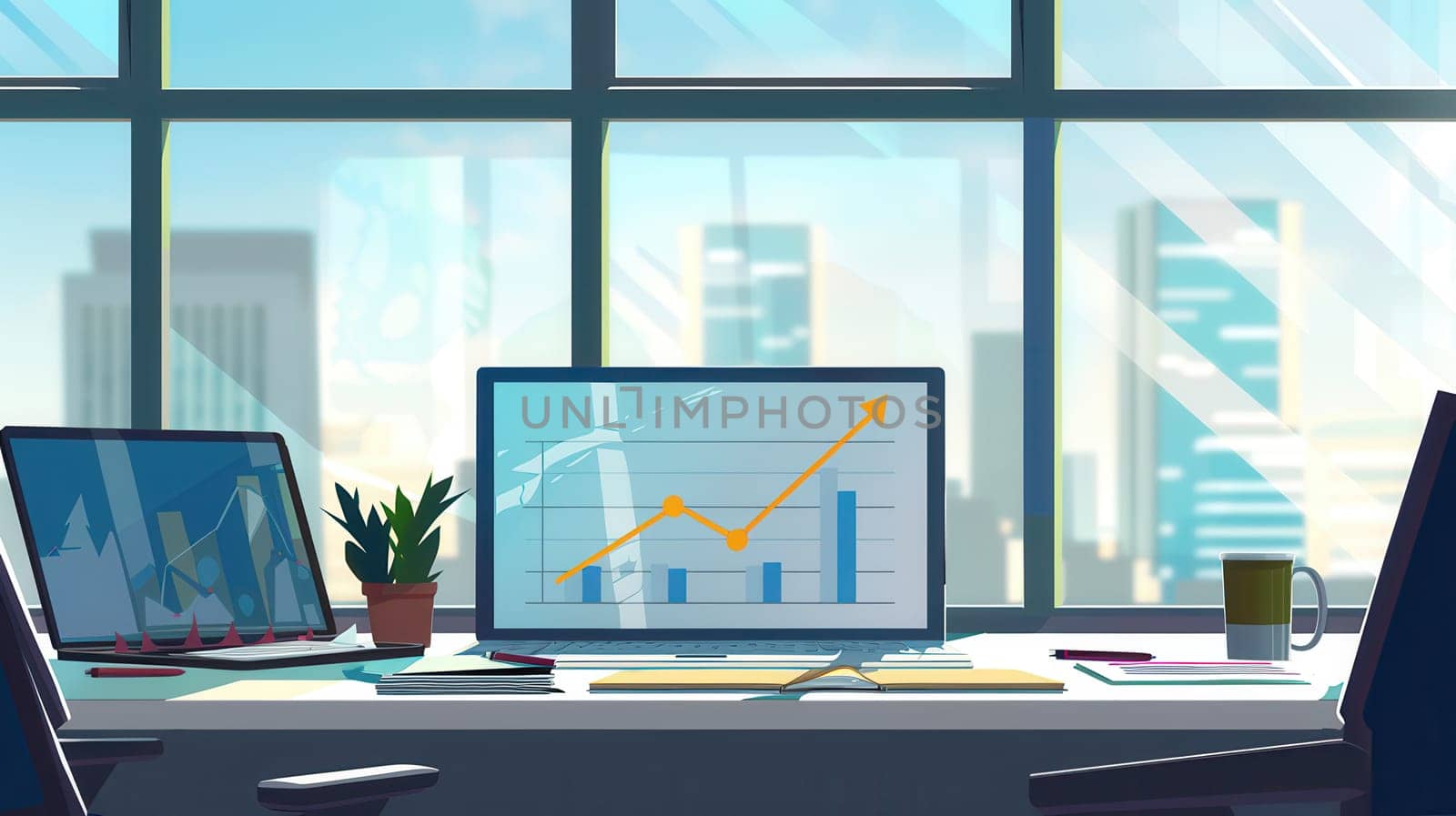 A spacious office bathed in natural light features large windows and a clear view of the city skyline, highlighting a workspace with growth charts displayed.