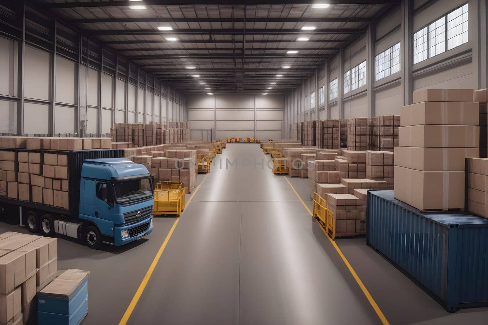 A spacious warehouse features multiple rows of neatly stacked cardboard boxes alongside a large blue truck. The interior is well-lit, showcasing the organized storage area with containers and pallets positioned efficiently for easy access.