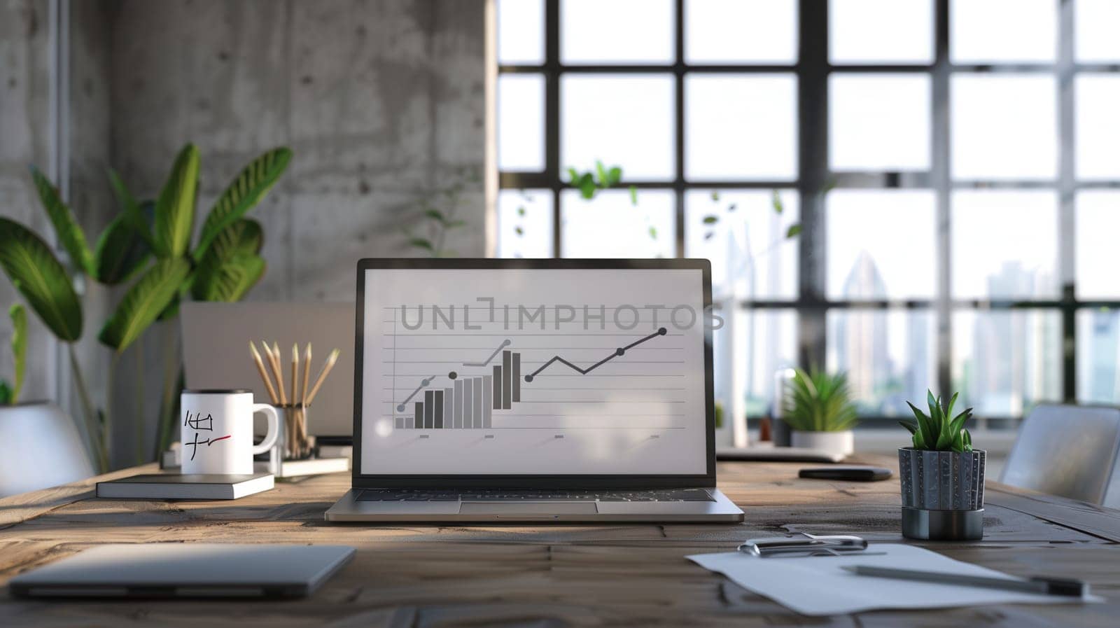 A workspace featuring large windows, lush plants, and a laptop displaying a growth chart, creating an inviting environment for productivity and inspiration.