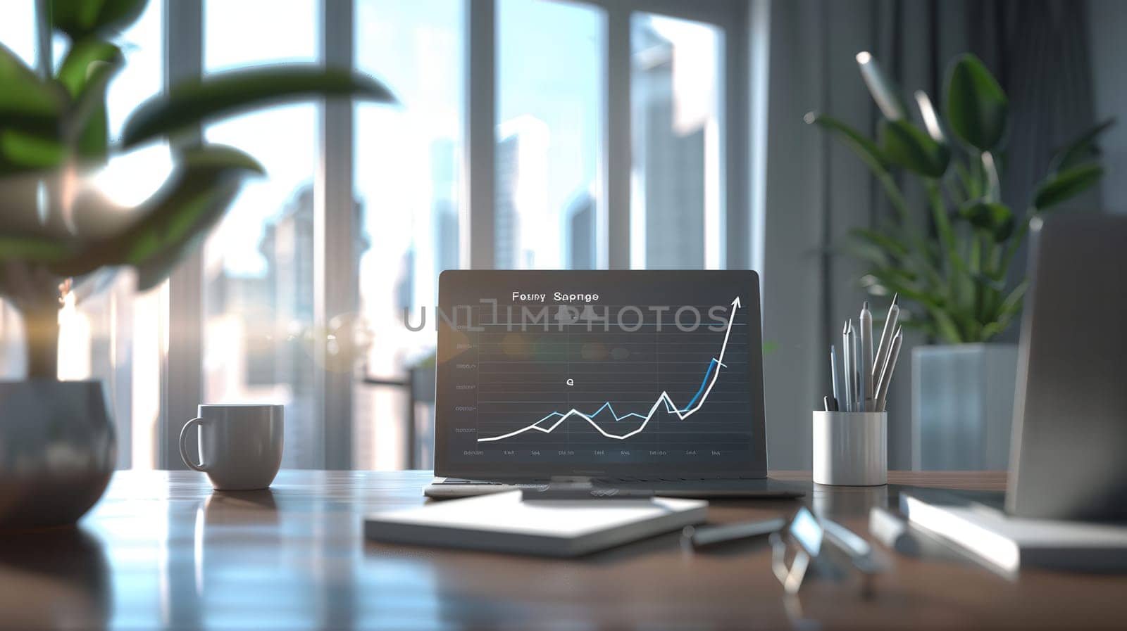 A sleek workspace features a laptop displaying growth data, surrounded by plants and office supplies, illuminated by natural light from large windows.