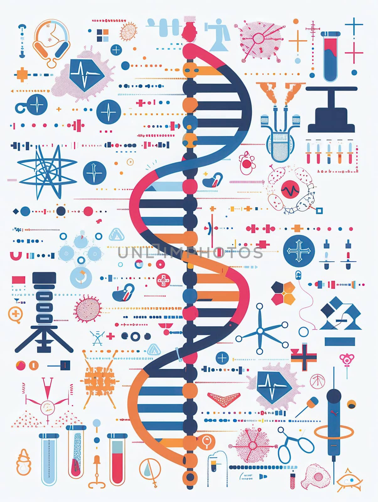 A vibrant double helix DNA strand is illustrated, surrounded by medical icons like microscopes, test tubes, and stethoscopes representing scientific exploration.