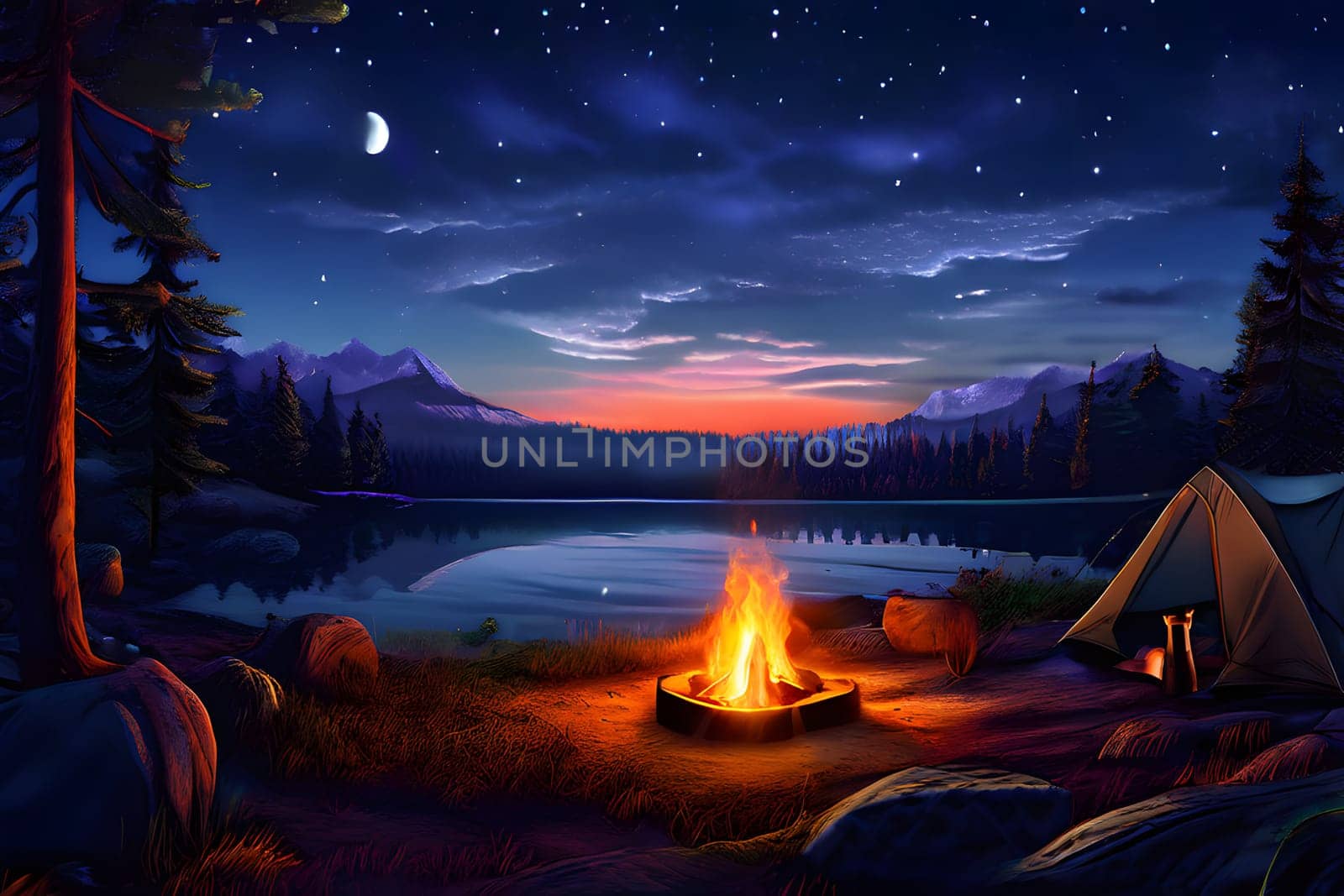 A warm campfire glows brightly in the twilight, casting flickering shadows on surrounding rocks. The serene lake reflects the starry sky, while distant mountains outline the horizon. The peaceful campground is framed by tall trees, creating a perfect retreat for nature lovers.
