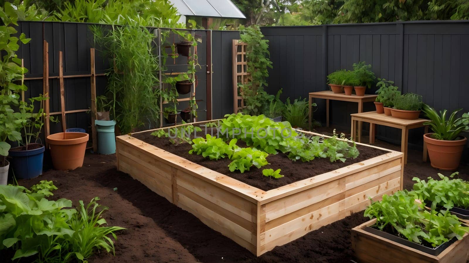 A vibrant vegetable garden features a large wooden raised bed filled with thriving green plants. Surrounding the garden are potted herbs and leafy greens, creating a lush and inviting atmosphere. The setting is well-maintained with a wooden fence in the background, enhancing the garden's aesthetic appeal.