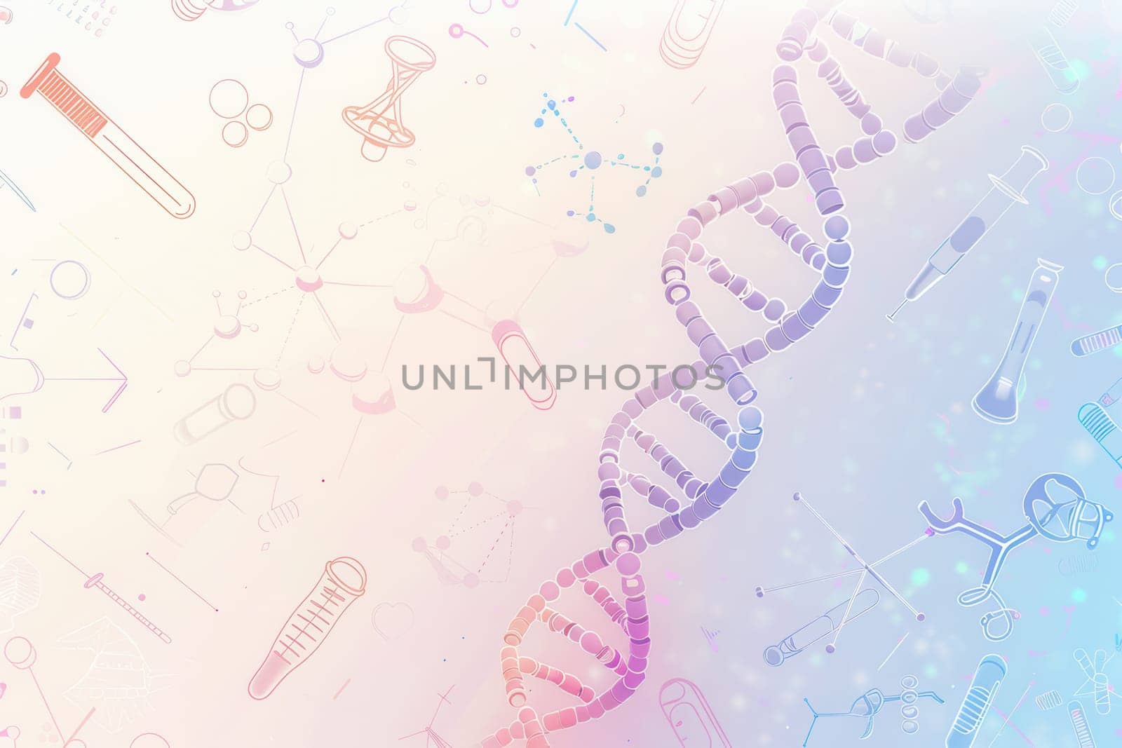 A double helix DNA strand is surrounded by various medical icons, illustrating the intersection of genetics and scientific research in a laboratory.