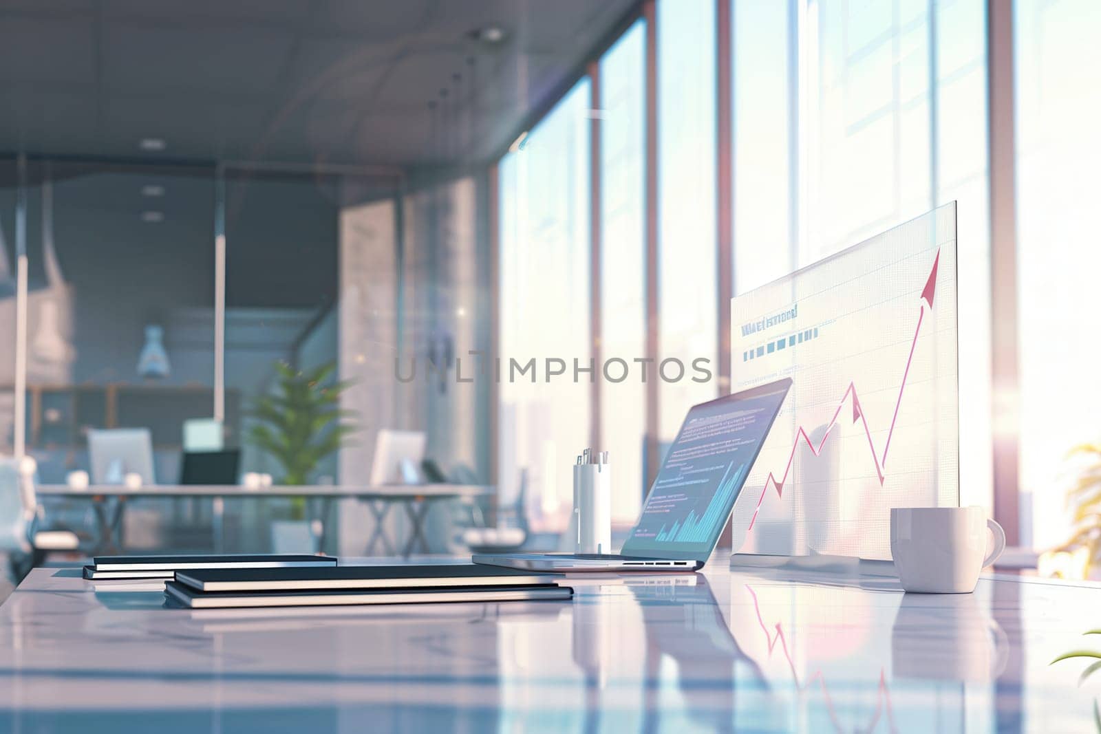 A contemporary office features large windows streaming in sunlight, highlighting a laptop and notebooks on a sleek table, ideal for productive work.