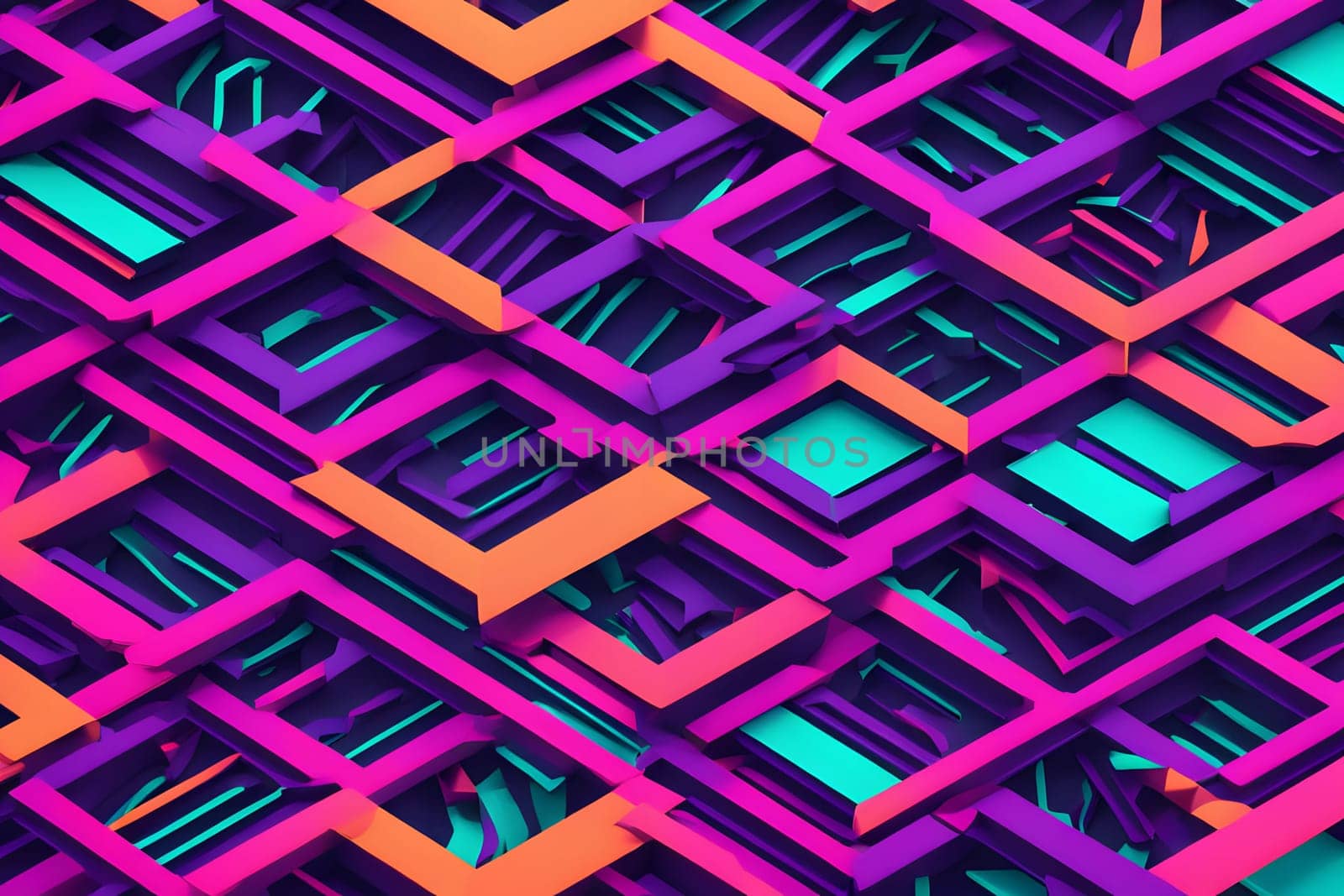 This artwork features a mesmerizing arrangement of geometric shapes in vibrant colors, creating a dynamic visual effect. Layered forms intertwine with bold hues of purple, pink, and teal, producing an eye-catching, three-dimensional appearance.