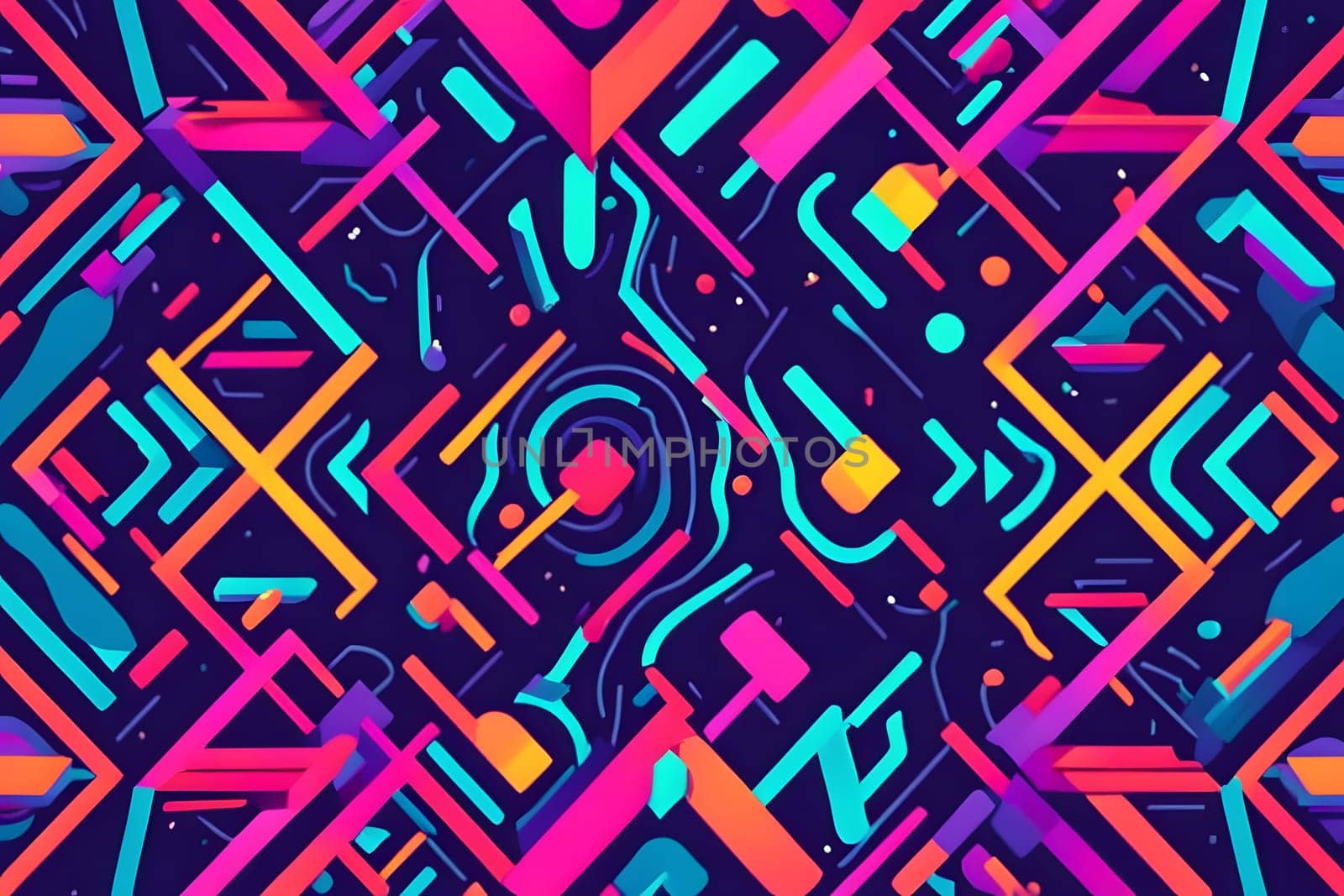 This artwork features an intricate geometric pattern composed of various shapes and vibrant colors. The design showcases a balance of sharp lines and organic forms, creating a visually captivating effect. The bright hues stand out against the dark background, enhancing the dynamic feel of the composition.