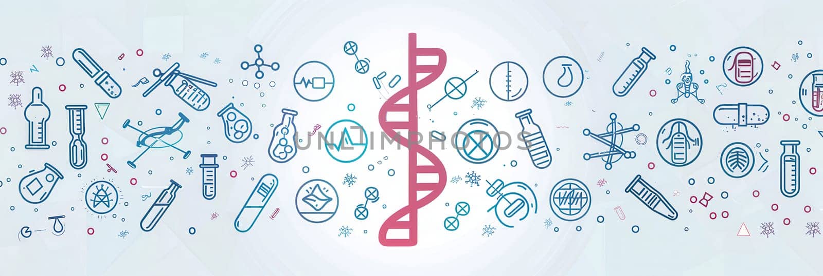 A double helix DNA strand is depicted among various medical icons representing laboratory equipment and healthcare tools.