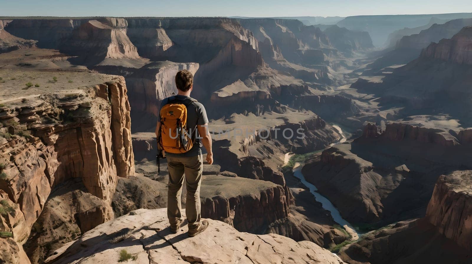 A lone hiker gazes out over the vast expanse of the Grand Canyon, illuminated by the soft light of dawn. The rocky cliffs and deep valleys create a breathtaking panorama. The winding river below reflects the morning sun, enhancing the beauty of this iconic landscape.