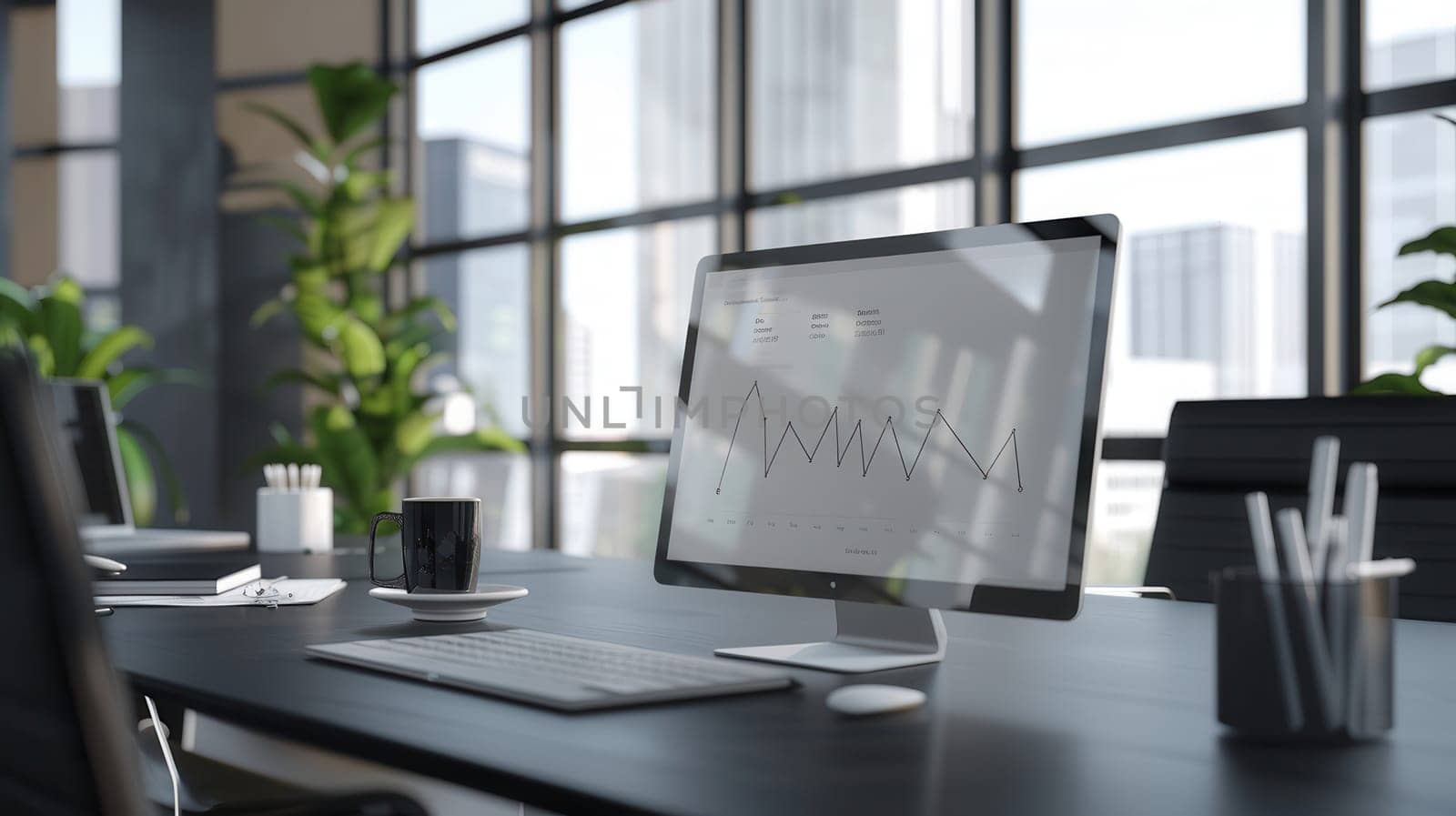 A sleek modern workspace filled with natural light overlooks city views, showcasing a computer displaying data analysis and a fresh coffee cup on the desk.