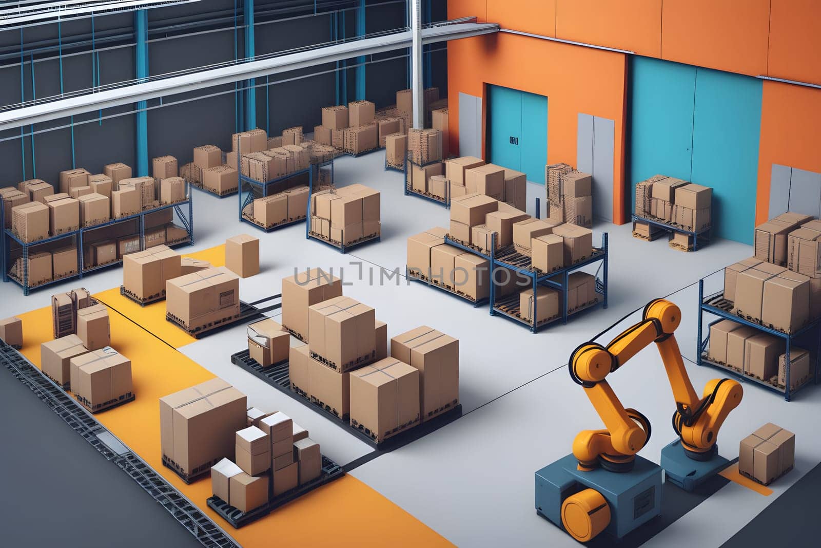 A spacious warehouse features numerous stacks of cardboard boxes neatly arranged on pallets. An automated robotic arm is actively sorting and handling the packages, showcasing modern technology in logistics and storage solutions. The bright interior reflects efficient organization and functionality.