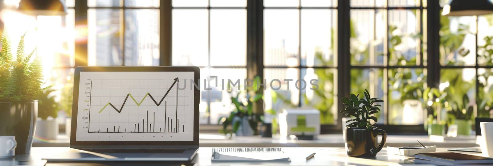 A sleek office features large windows allowing sunlight, highlighting a laptop displaying growth trends and plants enhancing the workspace.