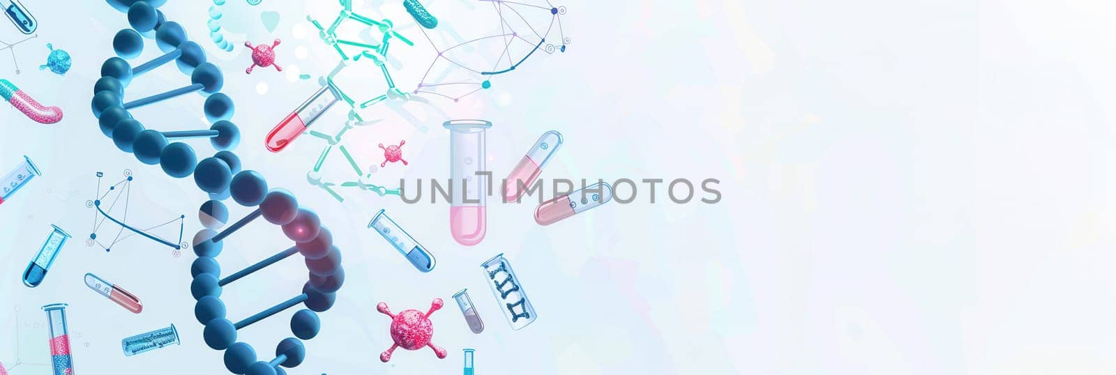 A striking double helix DNA strand is surrounded by various medical icons, including microscopes, test tubes, and stethoscopes in a lab environment.