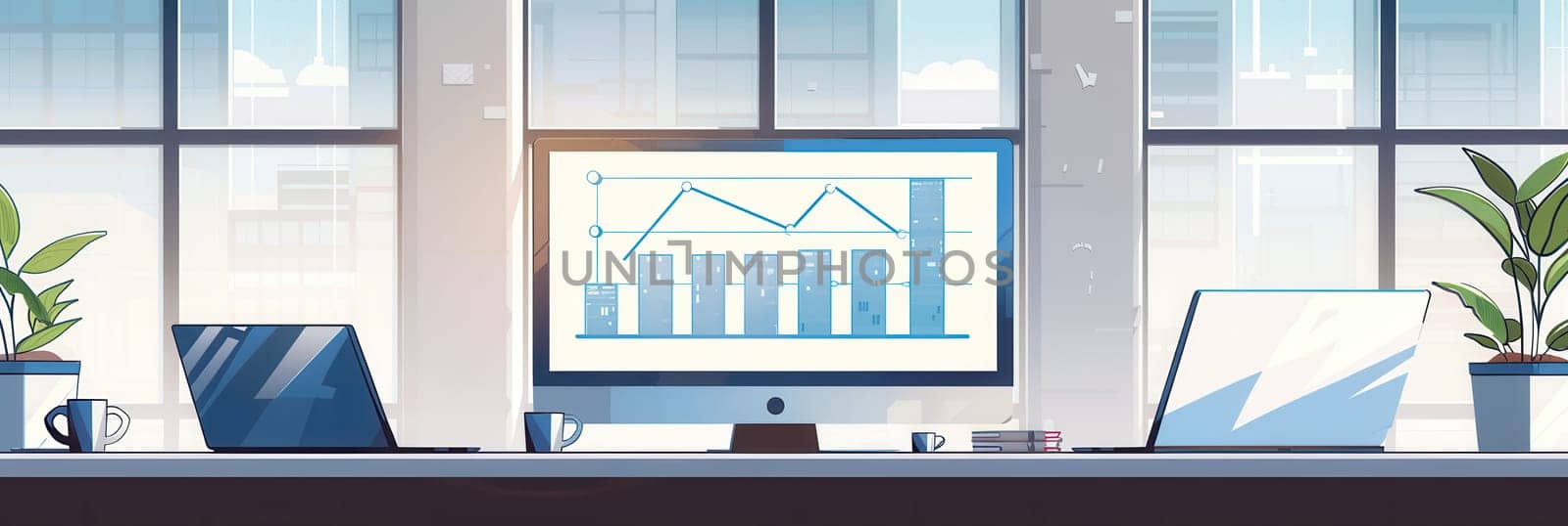 A contemporary office features spacious windows that fill the area with natural light, showcasing sleek technology and minimalistic decor.