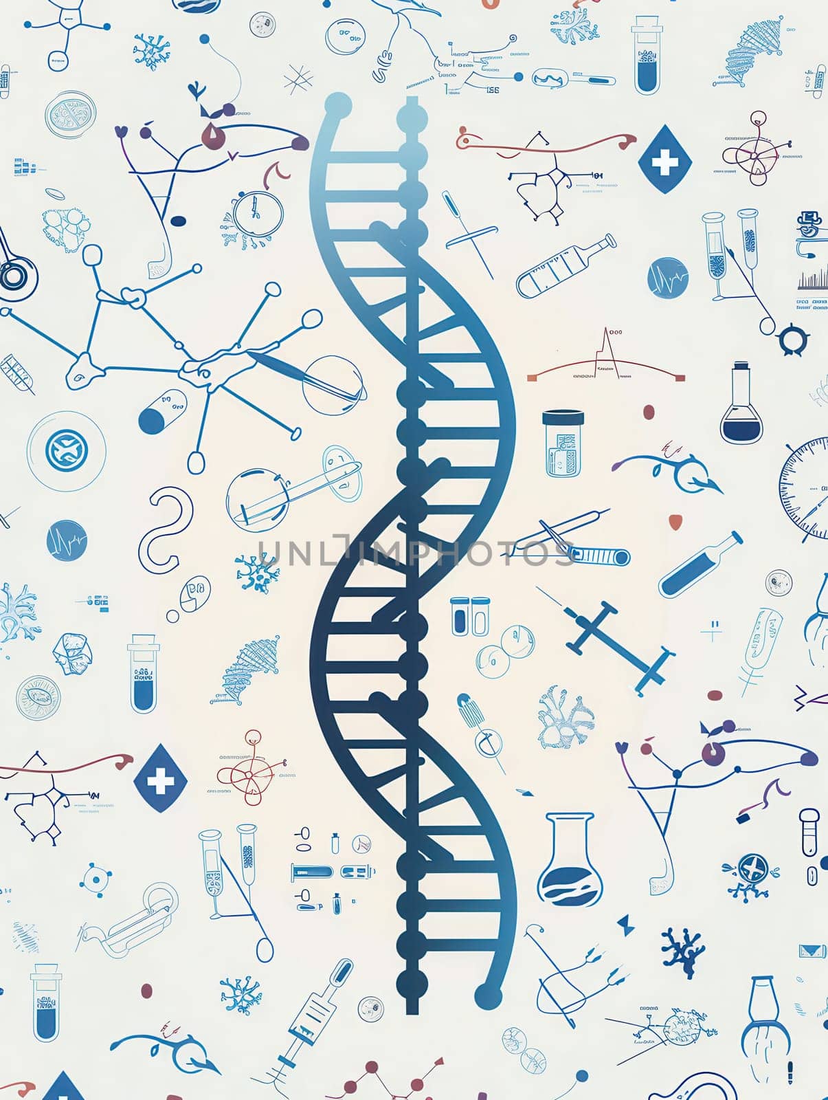 A double helix DNA strand is prominently featured among various medical icons, emphasizing the connection between genetics and healthcare.