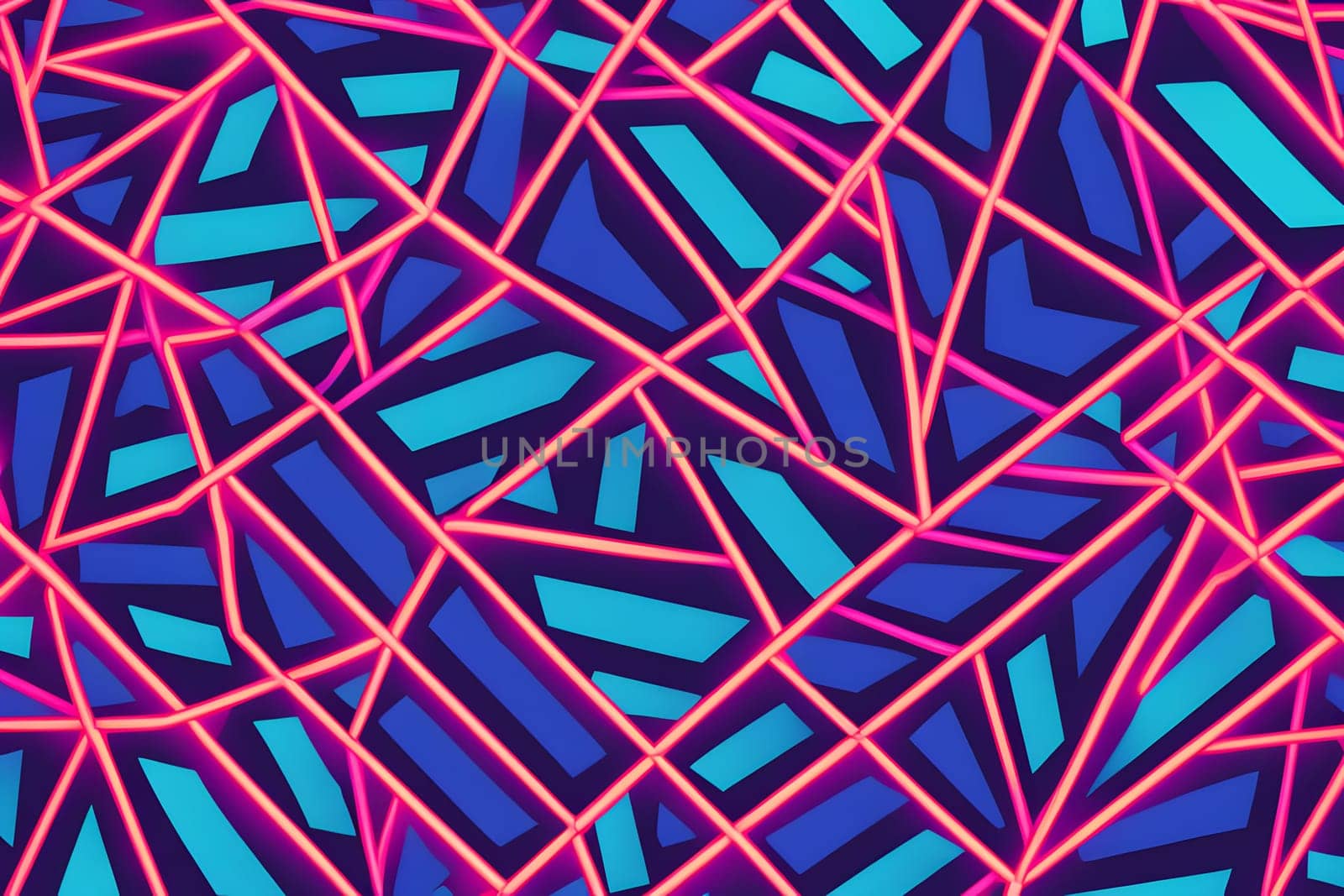 The artwork features a lively array of intersecting triangular shapes in vibrant colors, showcasing a striking contrast between electric blue and bright pink lines against a deep purple backdrop. This dynamic composition creates an energetic and modern visual experience.