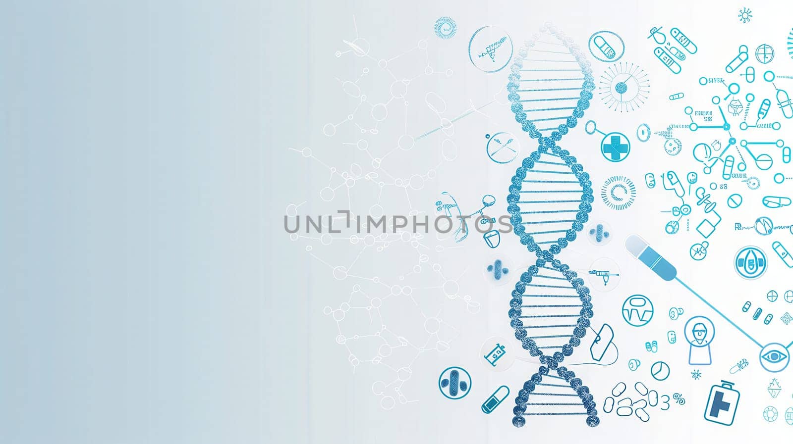 A double helix DNA strand is surrounded by medical icons, including microscopes, test tubes, and stethoscopes, representing the intersection of science and health.