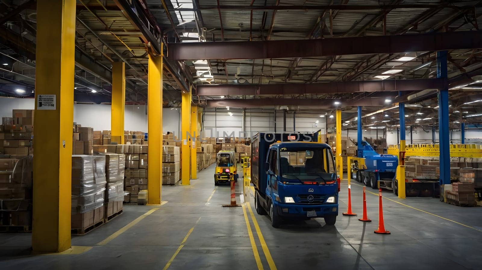 The interior of a large warehouse shows trucks loading and unloading goods amidst stacks of pallets. Bright yellow columns illuminate the space, highlighting the organized arrangement of boxes. Transportation vehicles maneuver alongside safety cones, creating an efficient loading environment.