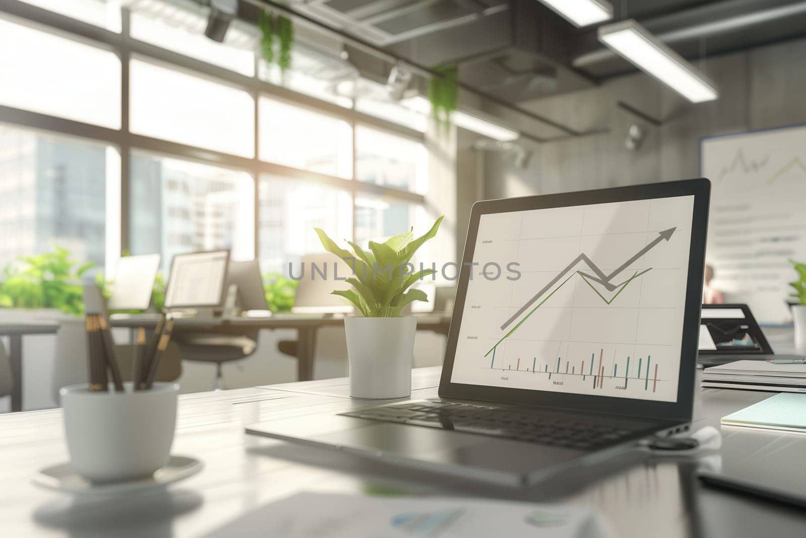 A modern office flooded with natural light showcases a laptop displaying a growth chart, complemented by potted plants and a tidy workspace.