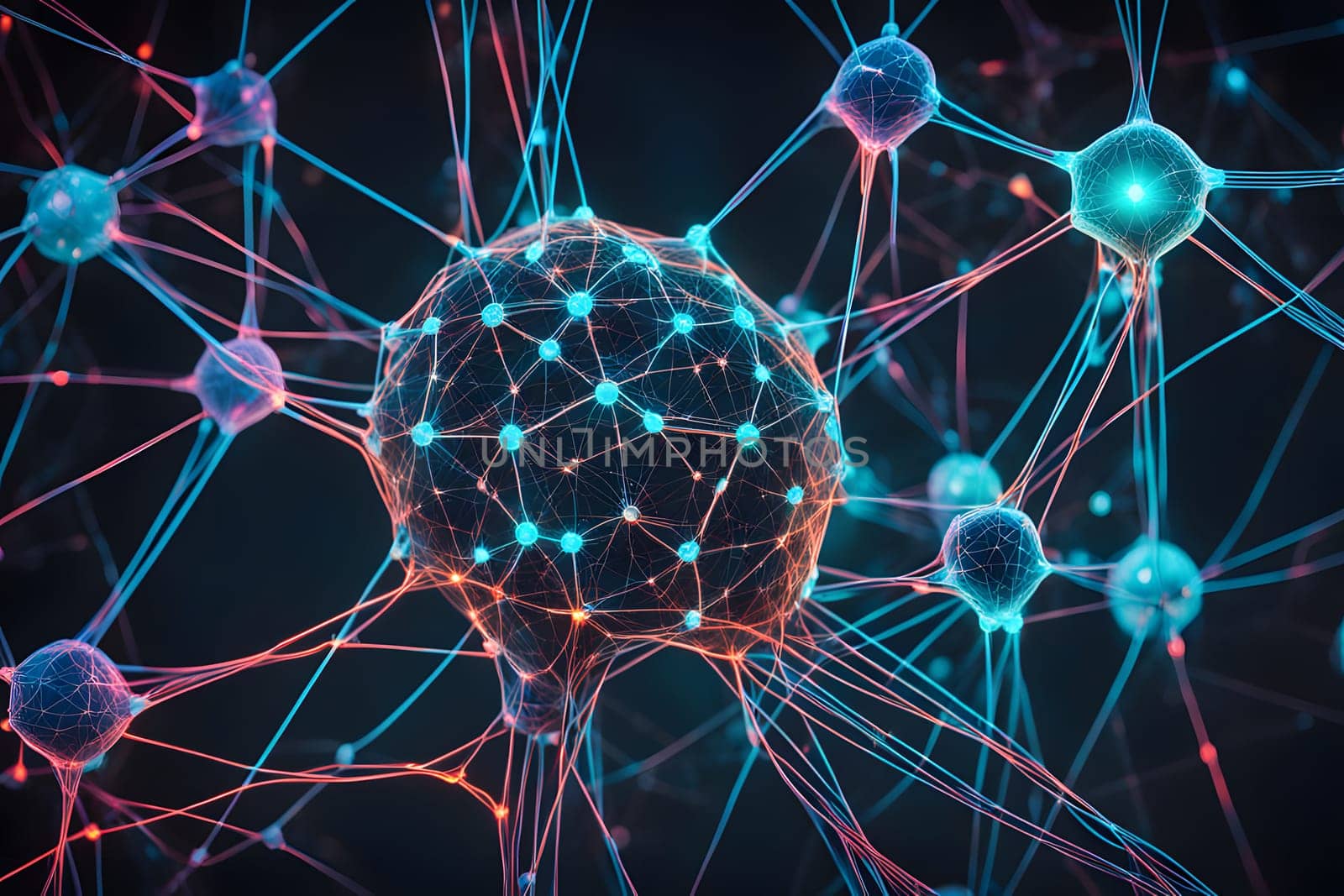 A vibrant network of interconnected nodes represents complex neural pathways, showcasing the dynamic interplay of light and color in a digital setting. The design highlights the intricate structure of intelligence, evoking a sense of technological advancement in neuroscience.