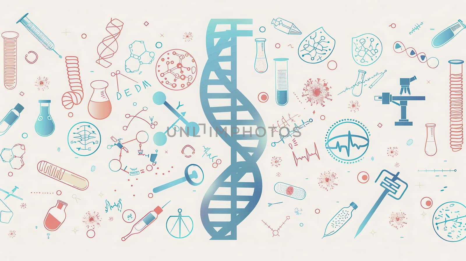 A double helix DNA strand stands at the center, surrounded by icons representing various fields of medical research and laboratory equipment.