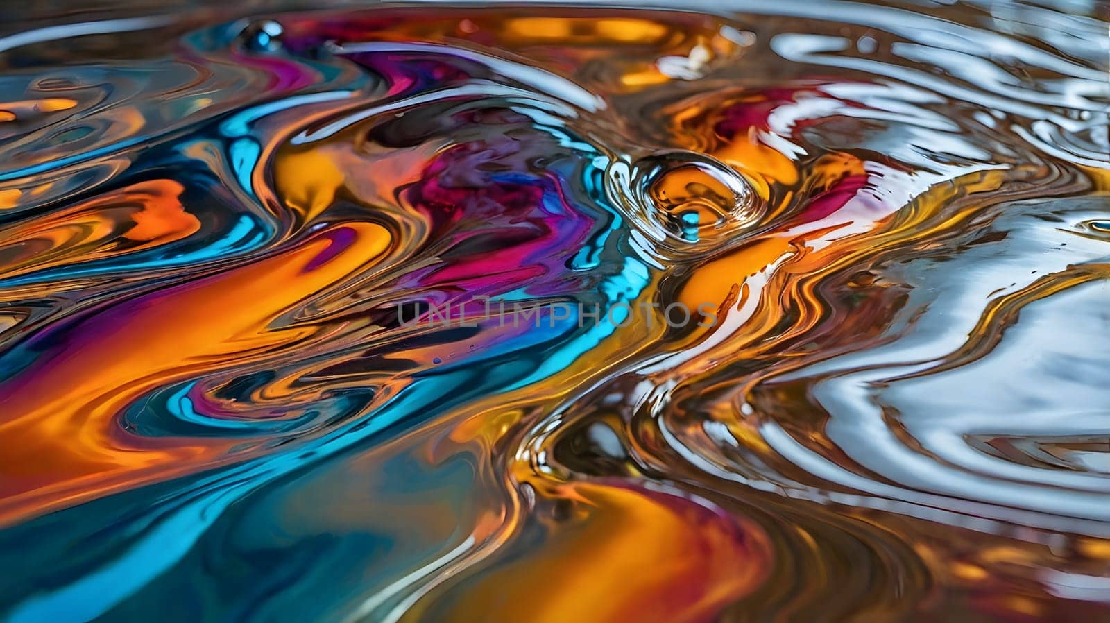 Vibrant swirls of oil float on the surface of water, reflecting a stunning array of colors during sunset. The interplay of light highlights the unique patterns formed by the liquid, creating an eye-catching display of natural artistry.