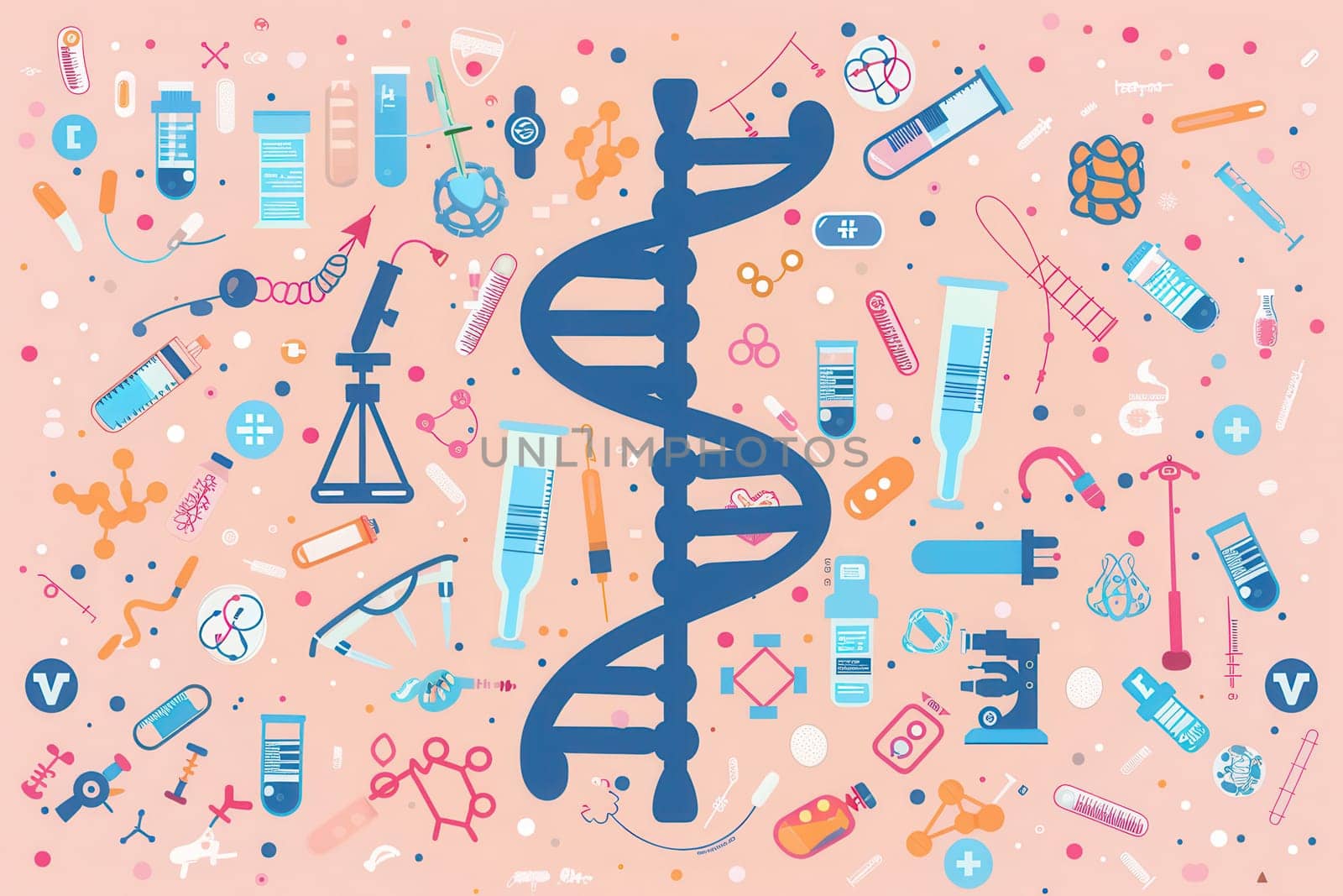 A double helix DNA strand is central, surrounded by medical icons like test tubes, microscopes, and stethoscopes, showcasing scientific exploration and innovation.