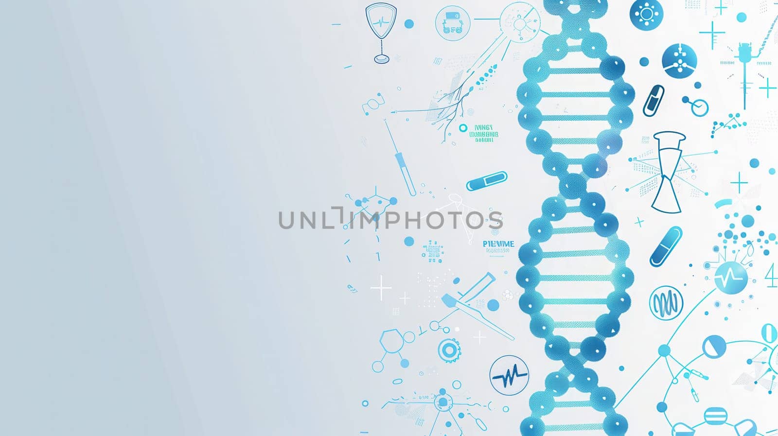 A vibrant double helix DNA strand is encircled by various medical icons, including microscopes, test tubes, and stethoscopes, symbolizing scientific research.