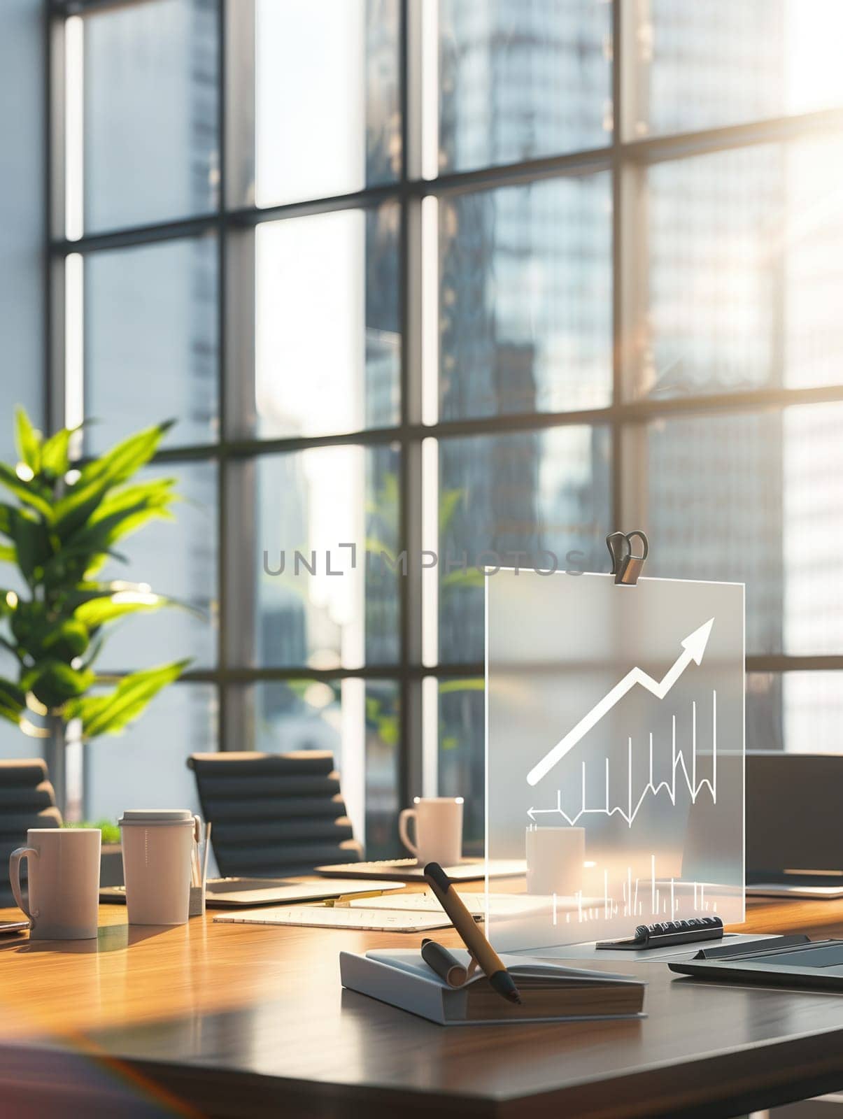 A contemporary office features large windows bathing the space in natural light, highlighting a business growth presentation on an interactive surface.
