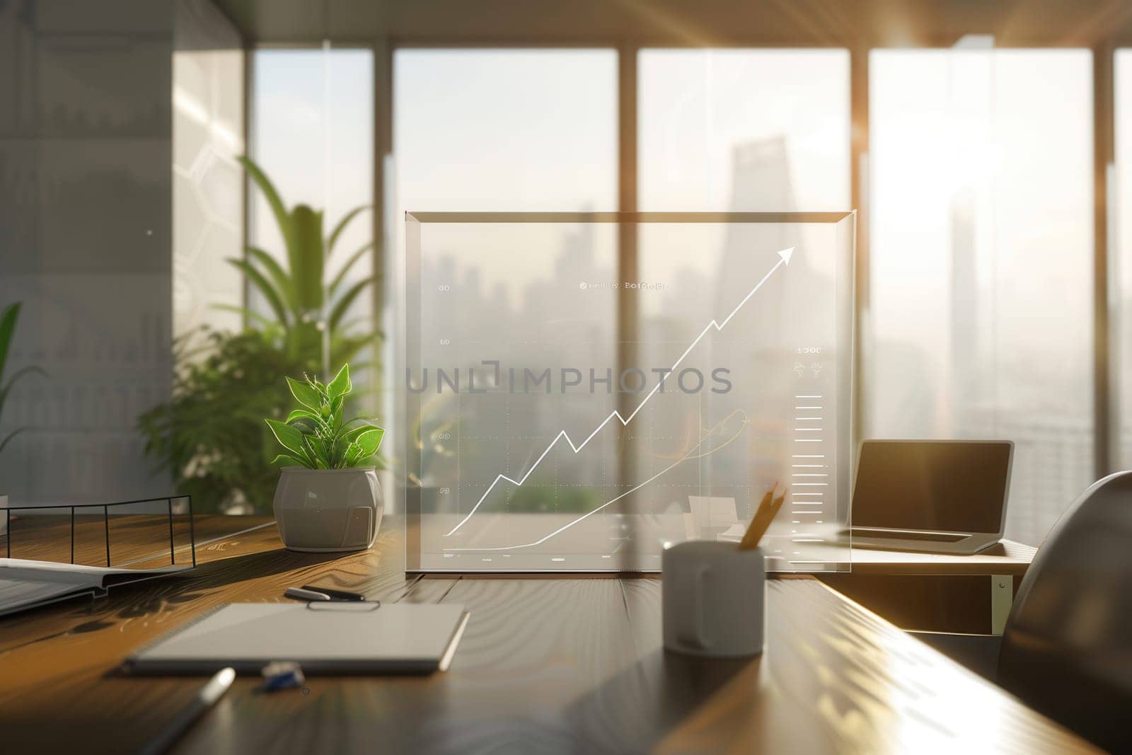 A spacious office features large windows, showcasing natural light and a growth chart symbolizing progress alongside plants and a tidy workspace.