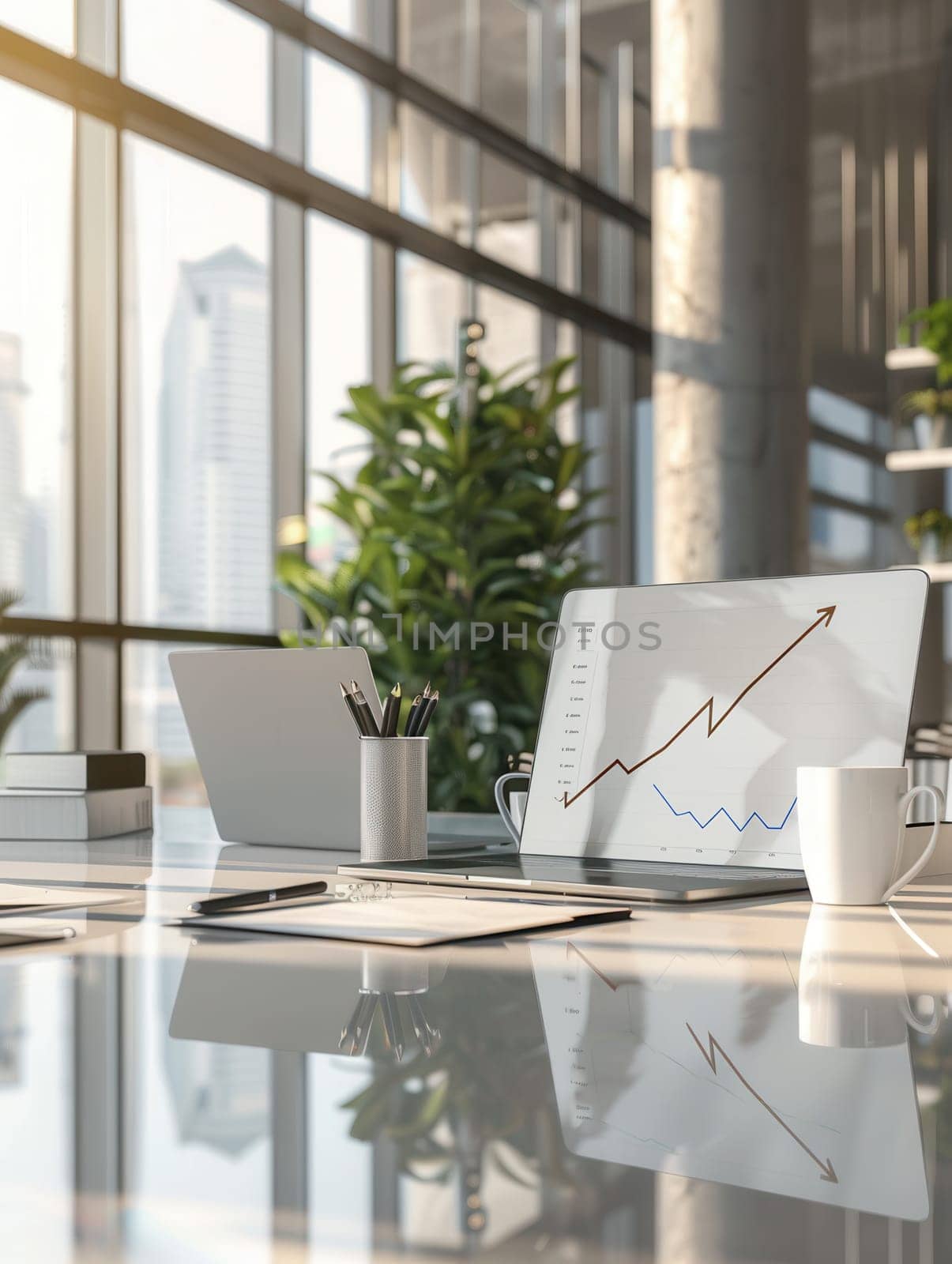 A sleek office showcases large windows, potted plants, and laptops displaying growth charts amidst a bright and inviting atmosphere.