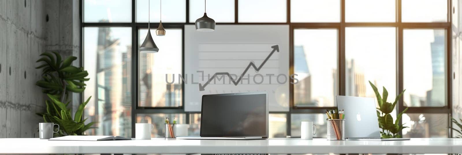 Bright office features large windows, plants, and charts, creating an inspiring environment for collaboration and focus in an urban landscape.