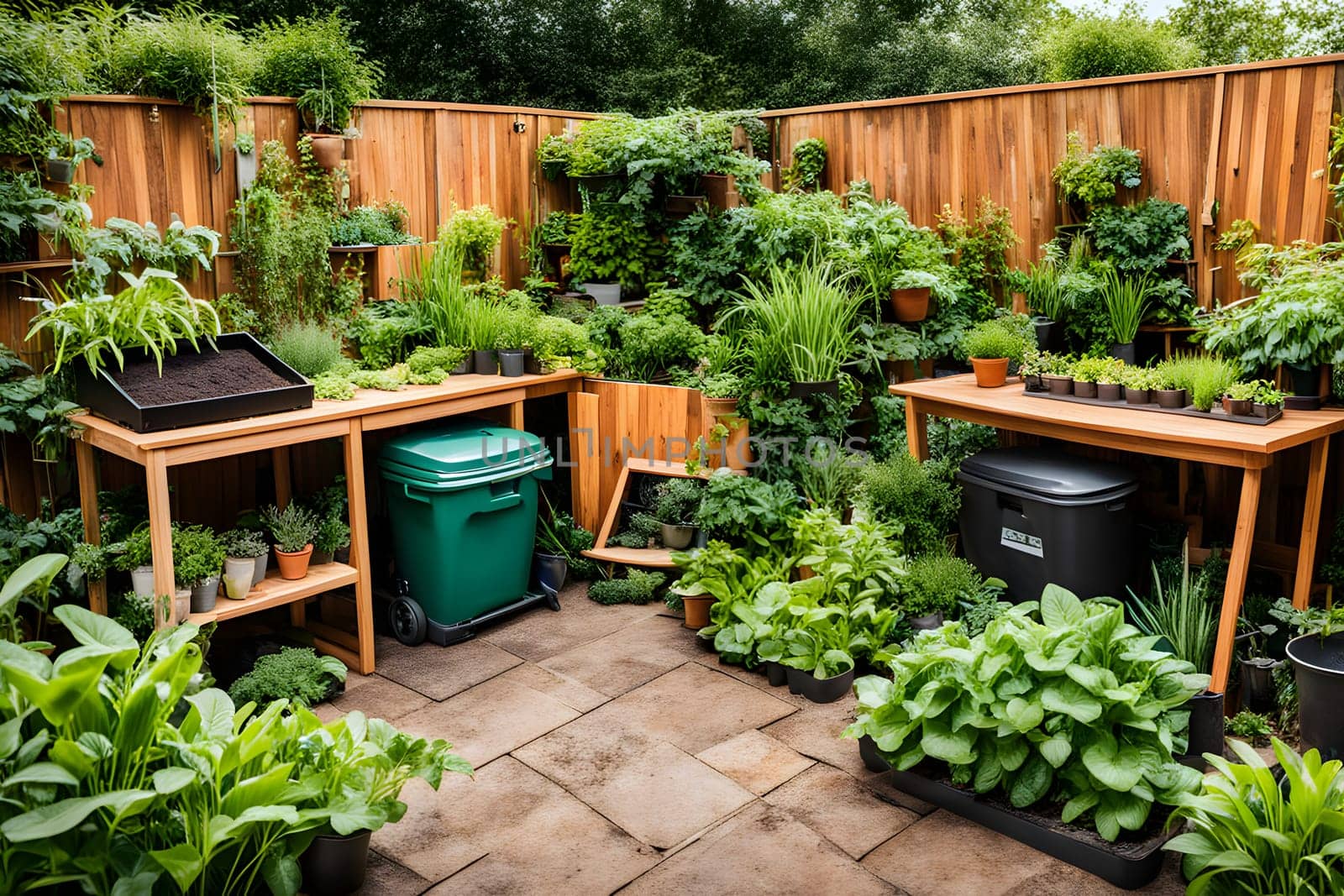 In a vibrant urban garden, wooden planters are filled with a variety of lush green herbs and vegetables. The space is enclosed by wooden fencing, creating a cozy growing environment. Numerous pots and containers add to the garden's abundant greenery, showcasing a commitment to sustainable living.
