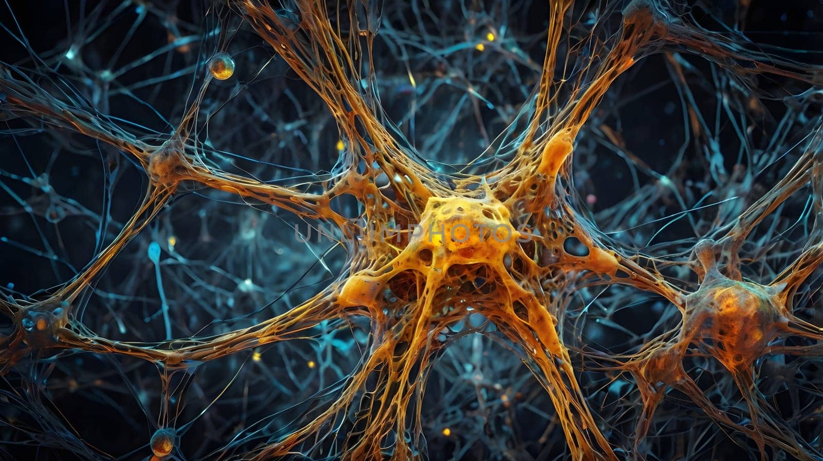 This visual representation showcases interconnected neurons in a vibrant microscopic environment. The intricate web of neural connections highlights the complexity of synaptic activity, illustrating how these cells communicate within the nervous system.