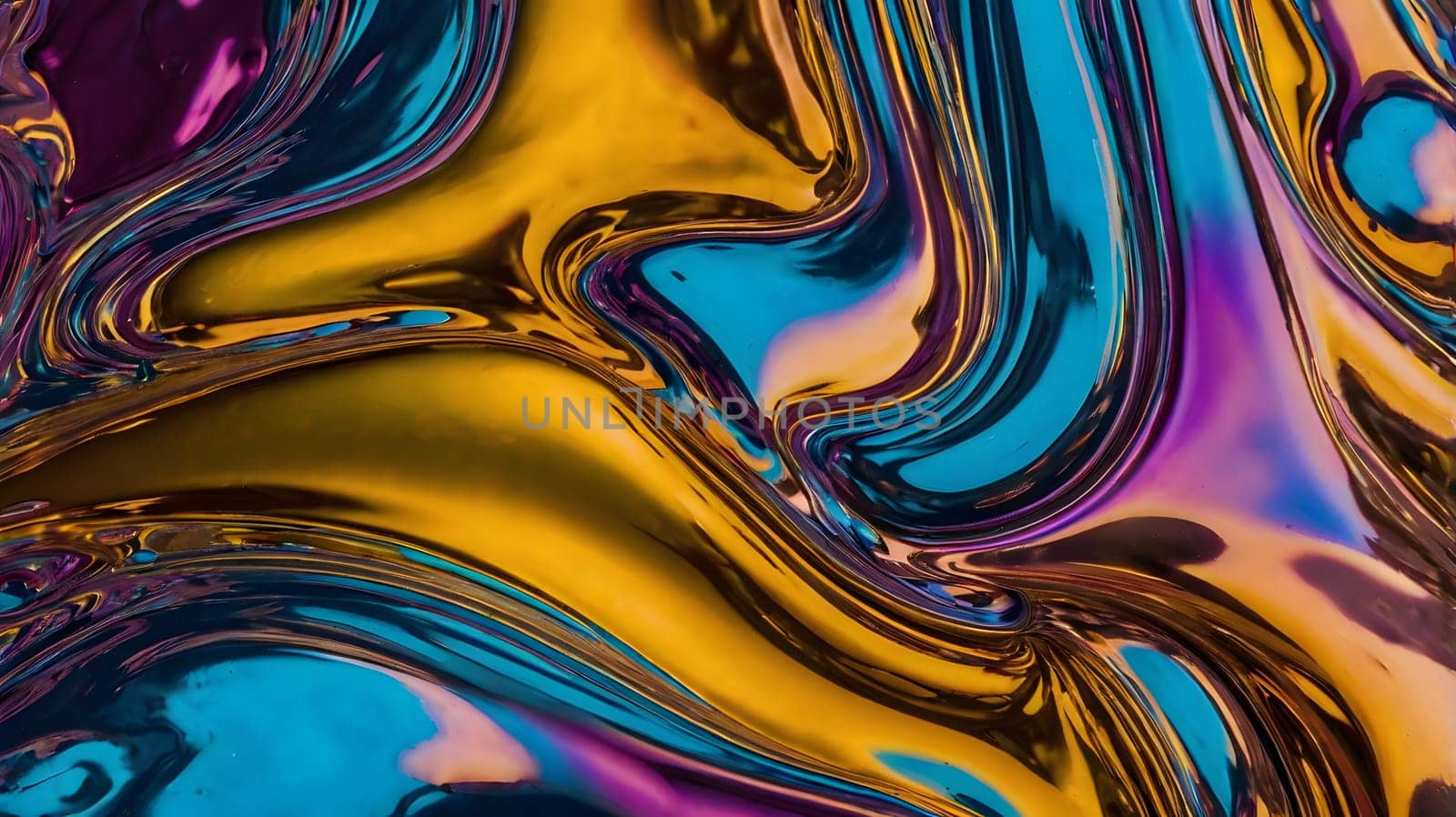 Colors flow together in a mesmerizing abstract pattern, showcasing rich hues of gold, blue, and purple. The dynamic interplay creates a sense of movement, inviting viewers into a captivating visual experience.