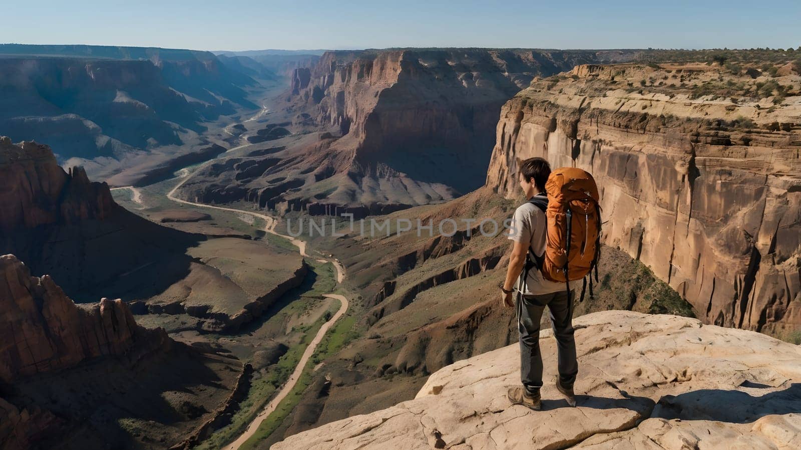 A lone hiker stands on the edge of a rocky cliff, gazing out over a breathtaking canyon. The sun casts a warm glow on the rugged terrain, highlighting the intricate patterns of the valley below. The winding river flows gently through the landscape, inviting exploration in the early morning light.