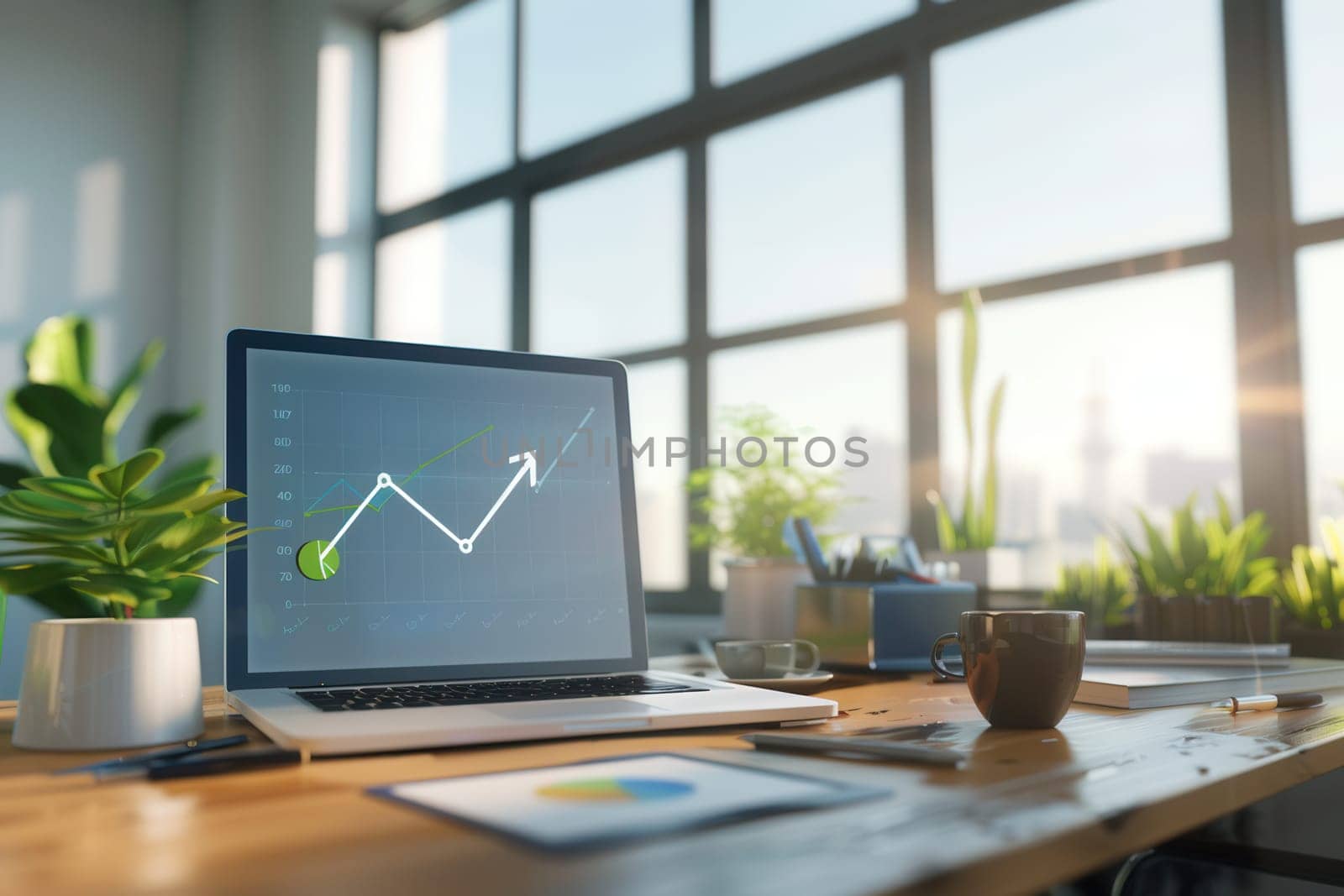 A sleek workspace features a laptop displaying a rising graph alongside plants and office supplies, illuminated by bright natural light from large windows.