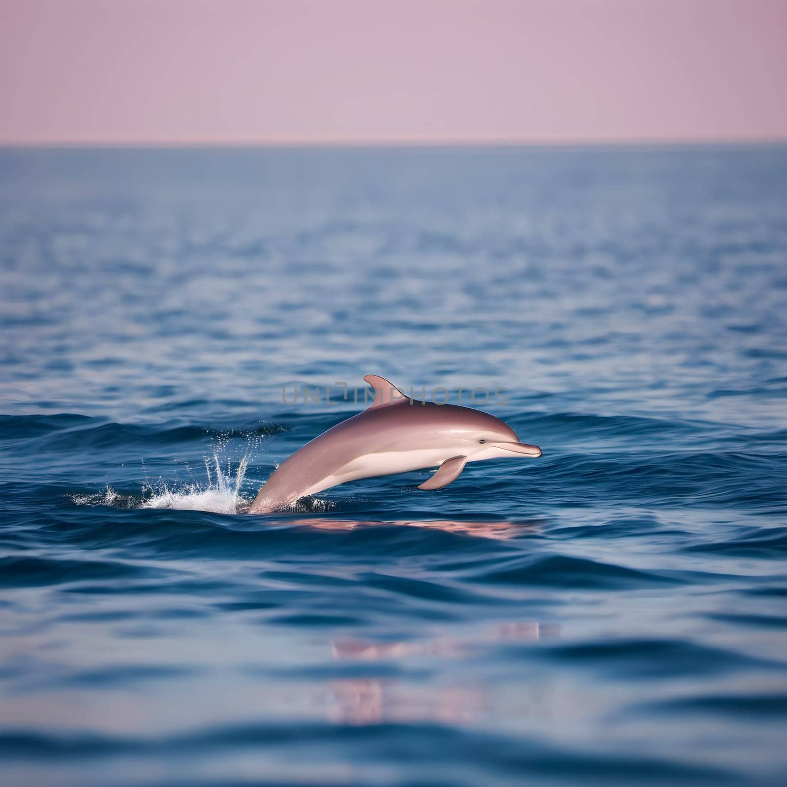 Serenity at Dawn: Rare Pink Dolphin in Calm, Sparkling Waters