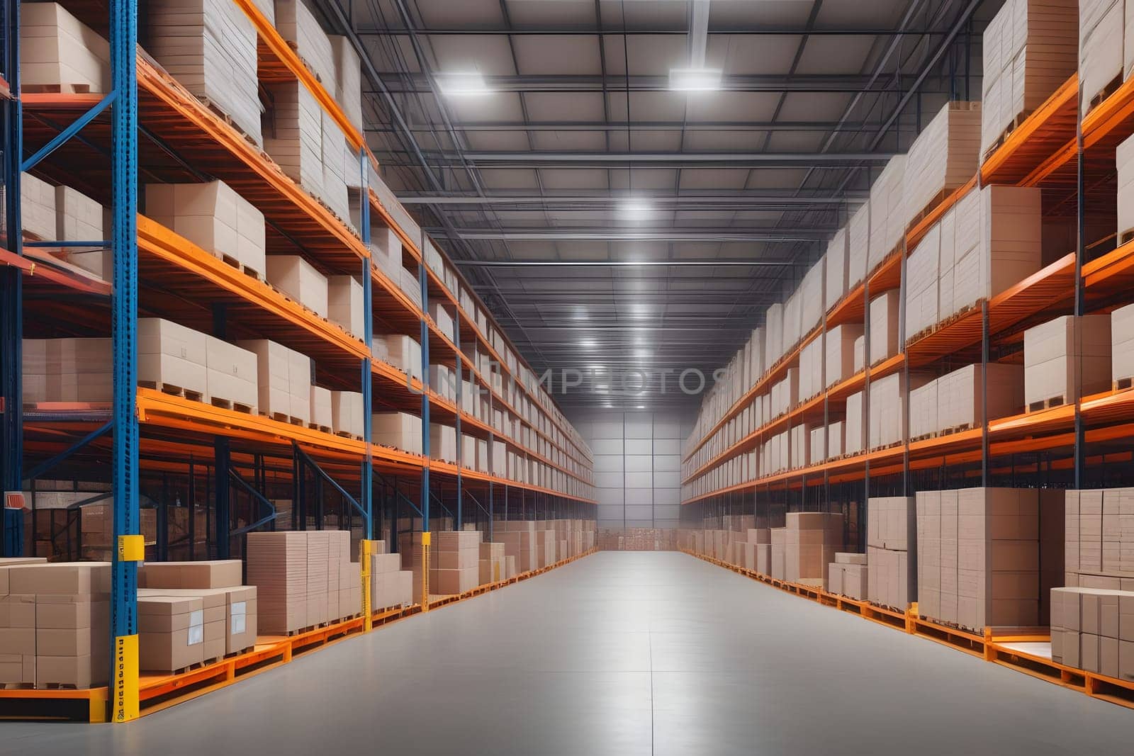 A spacious warehouse aisle features neatly stacked cardboard boxes on metal shelves. The area is well-lit, showcasing organized storage and clear pathways, emphasizing the efficient layout for inventory management.