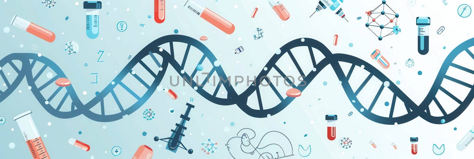A double helix DNA strand is illustrated among various medical icons, including microscopes, test tubes, and stethoscopes, symbolizing genetic research and healthcare.