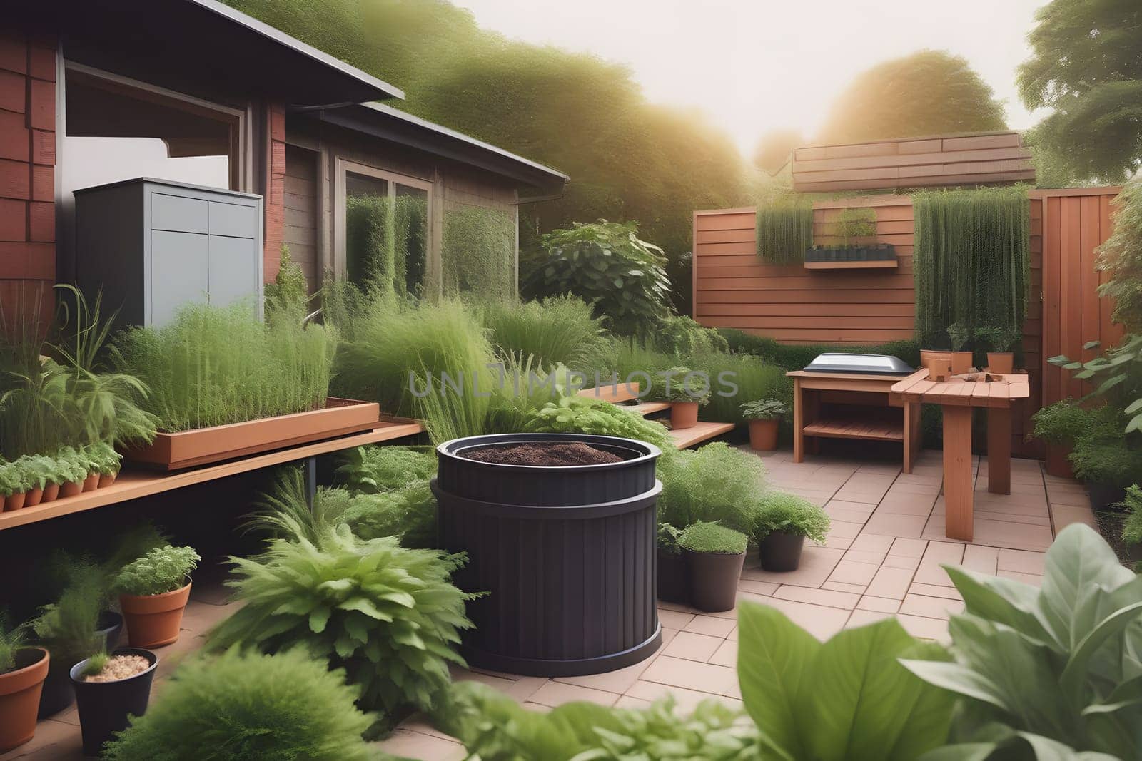 A tranquil garden oasis features various green plants and shrubs arranged in planters. A cozy seating area includes a wooden table and benches, while a large pot sits nearby. The warm glow of the sunset enhances the natural beauty of this serene outdoor space.
