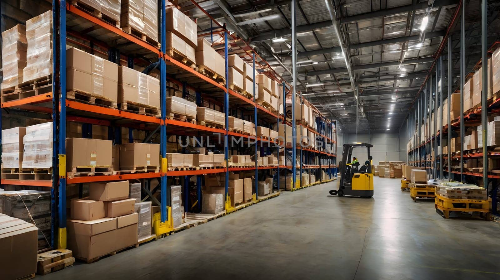 A peaceful warehouse interior showcases neatly stacked cardboard boxes on shelving units. A forklift is parked at the end of the aisle, ready for transport tasks. The high ceiling and structured layout indicate an efficient operation during business hours.