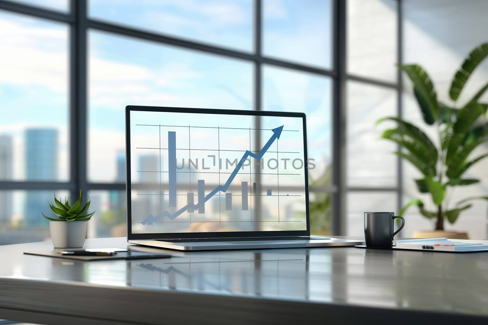 A bright office features a laptop displaying a rising graph, surrounded by greenery, emphasizing productivity and financial growth.