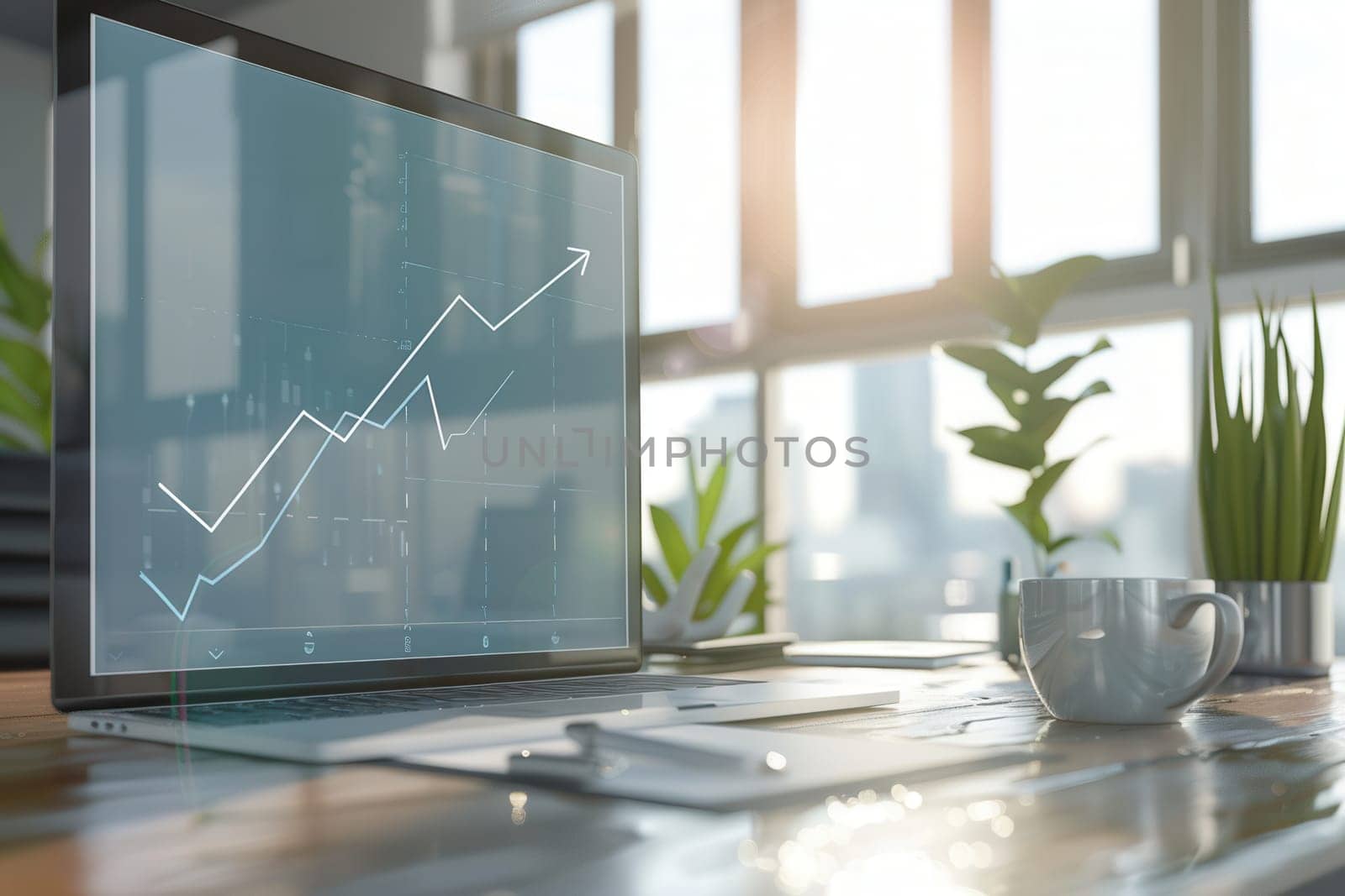 A stylish office filled with natural light showcases a laptop displaying a rising growth chart alongside greenery and a coffee cup on the table.