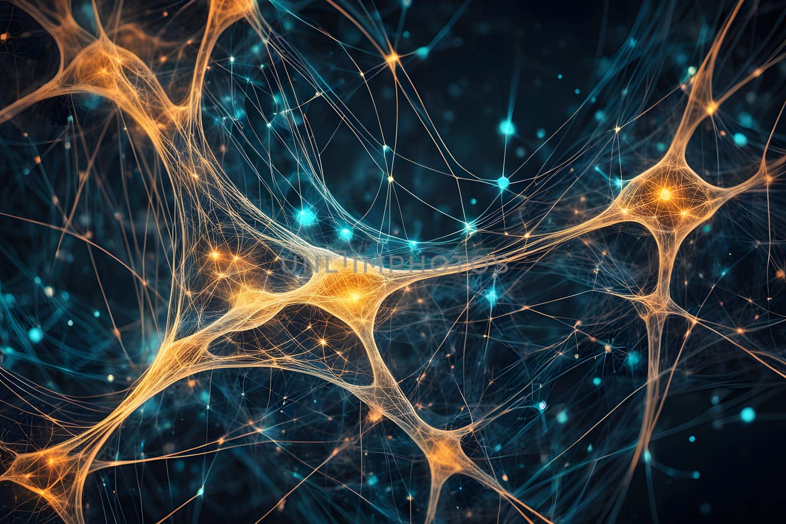 A vibrant abstract representation of a neural network shows intertwining orange and blue connections. The design highlights the complexity and beauty of neurotransmission, resembling a digital landscape filled with energy and movement.