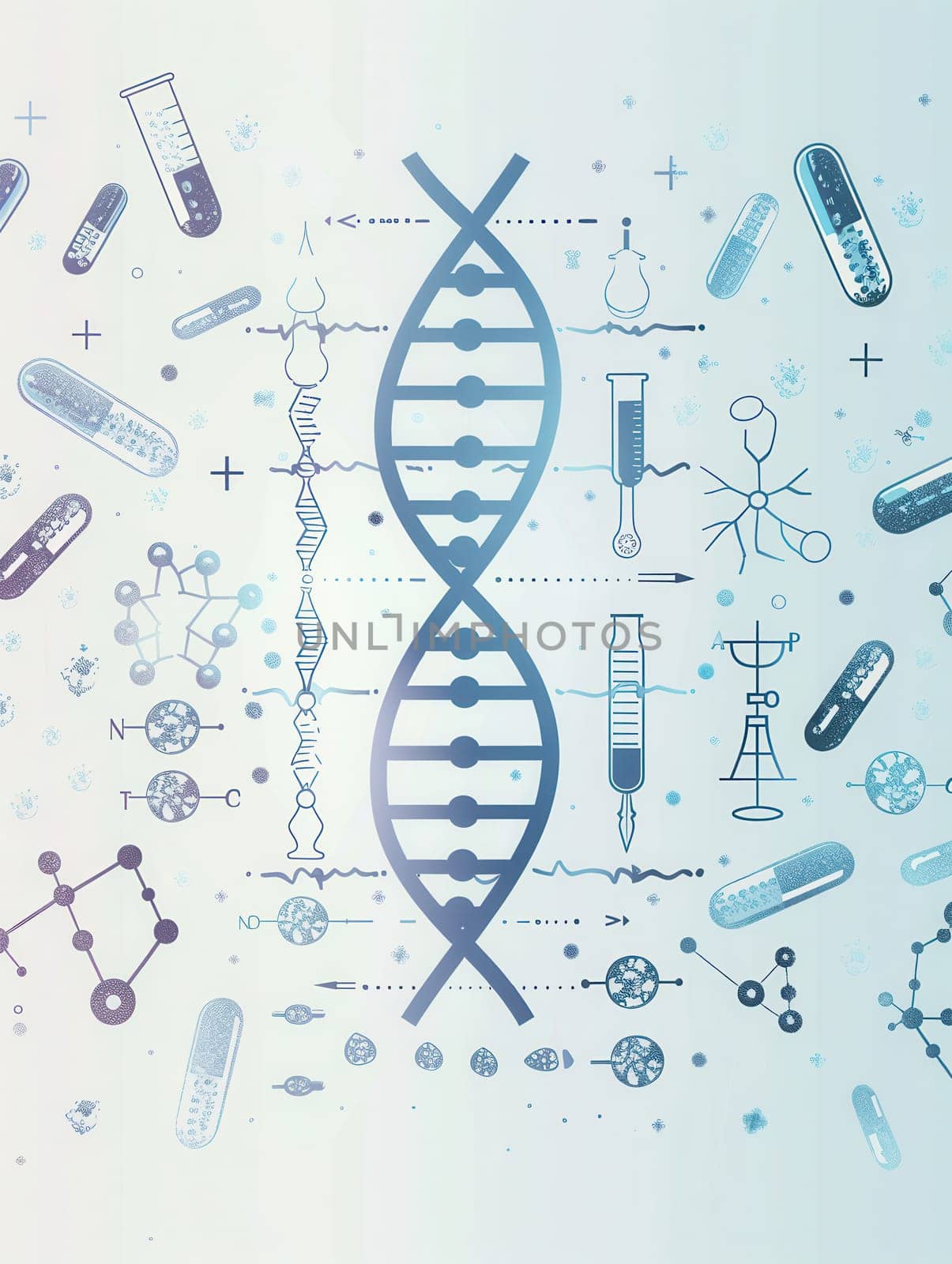 A double helix DNA strand is prominently displayed among various medical icons, representing the intersection of genetics and healthcare.